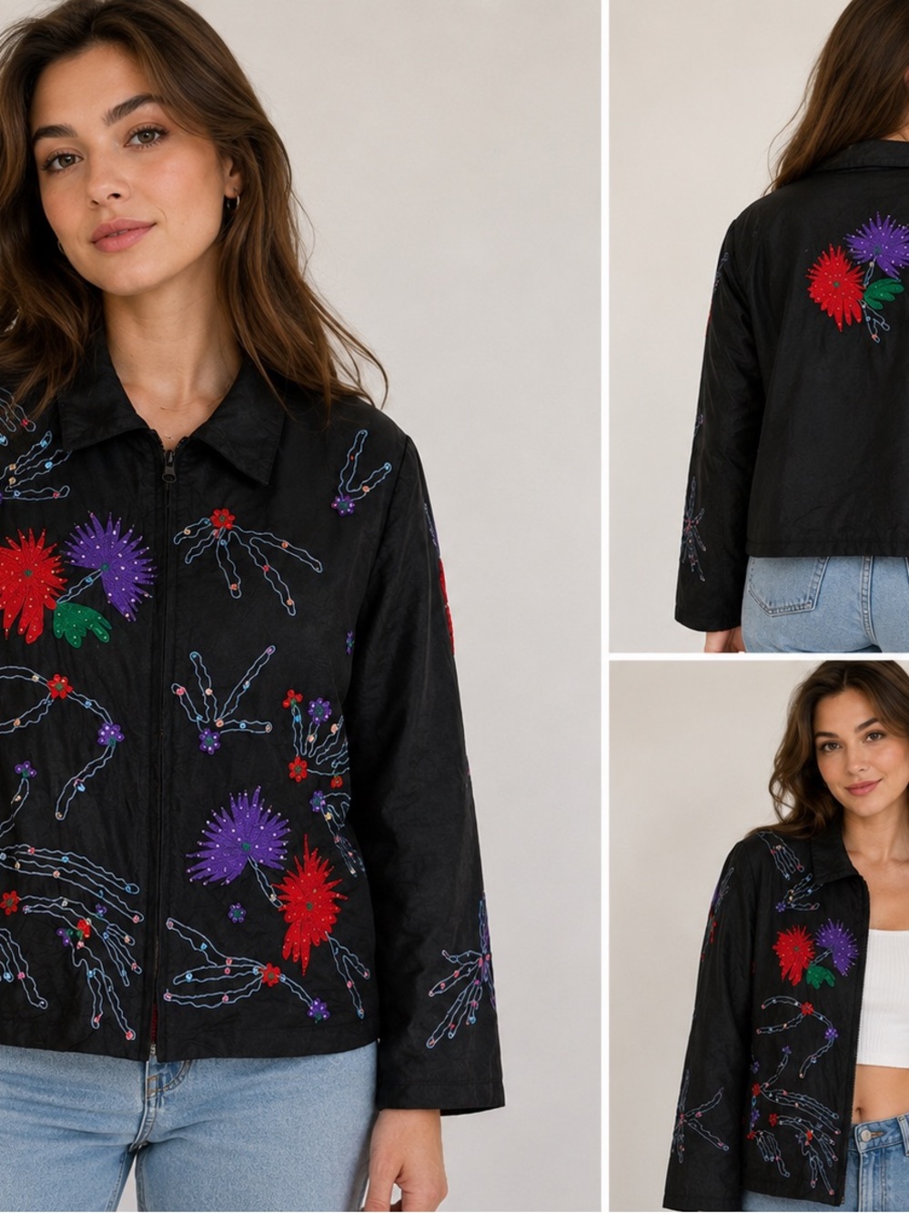 Embroidered Floral Black Jacket - Women's Lightweight Coat